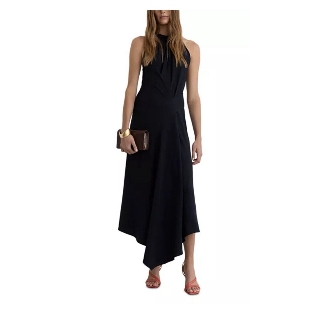 Reiss Maeve Asymmetric Sleeveless Maxi Dress Navy Blue halter Waist Detail Size4